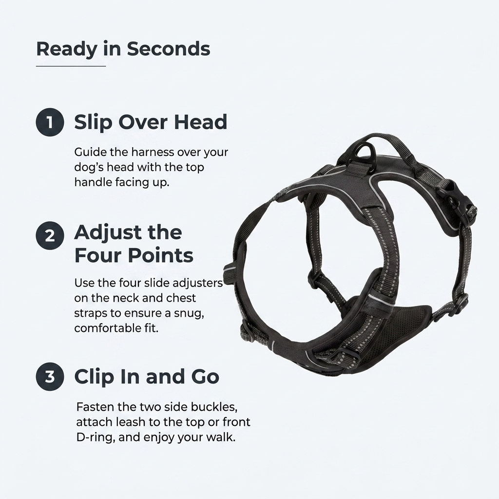 Infographic showing three steps to put on the dog harness: slip over head, adjust the four points, and clip in.