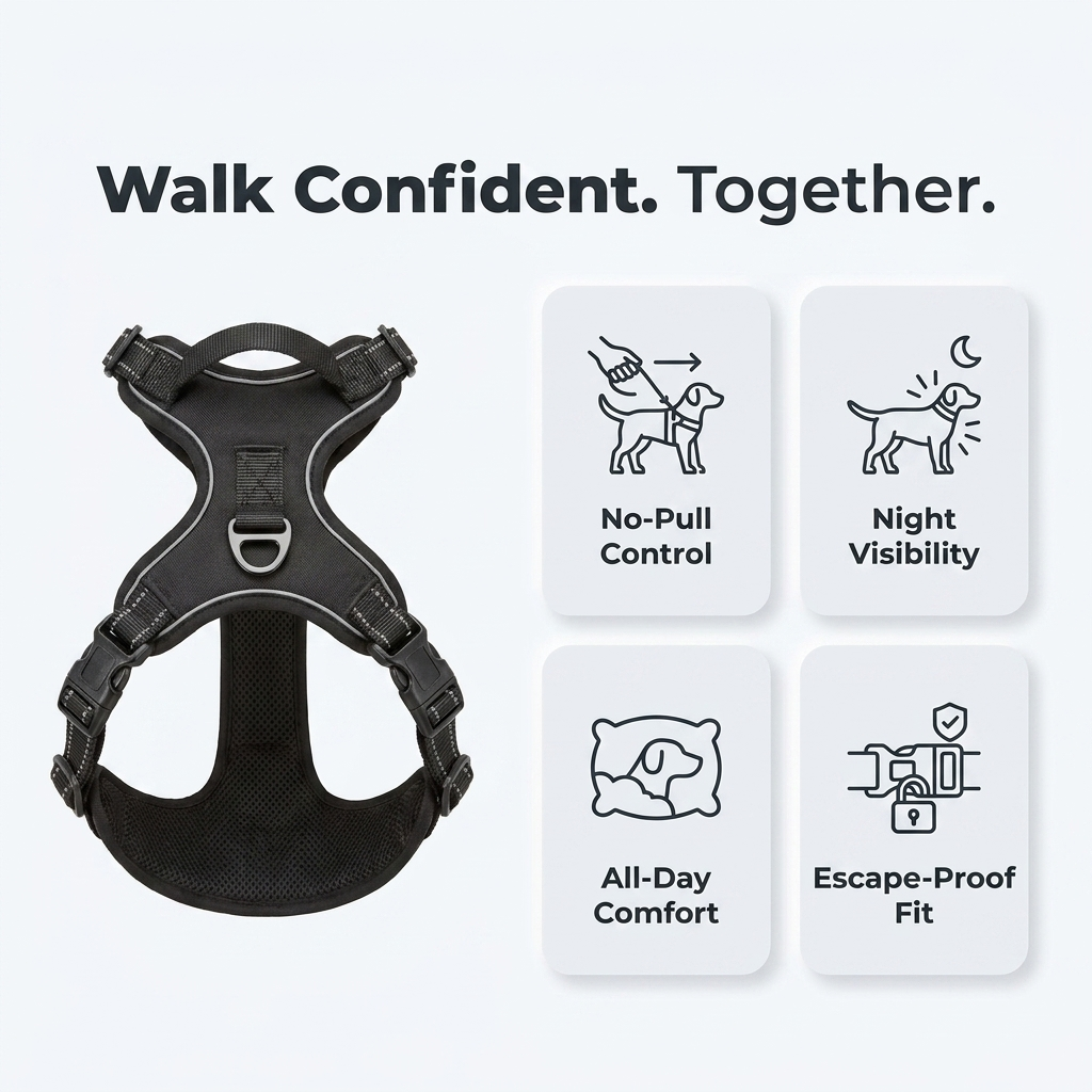 Infographic showing the black vest harness with icons for no-pull control, night visibility, and all-day comfort.