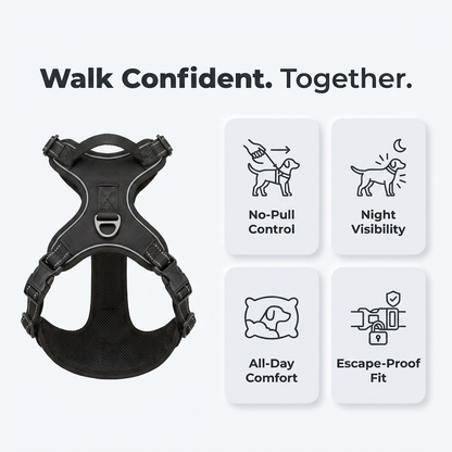 Infographic showing the black vest harness with icons for no-pull control, night visibility, and all-day comfort.