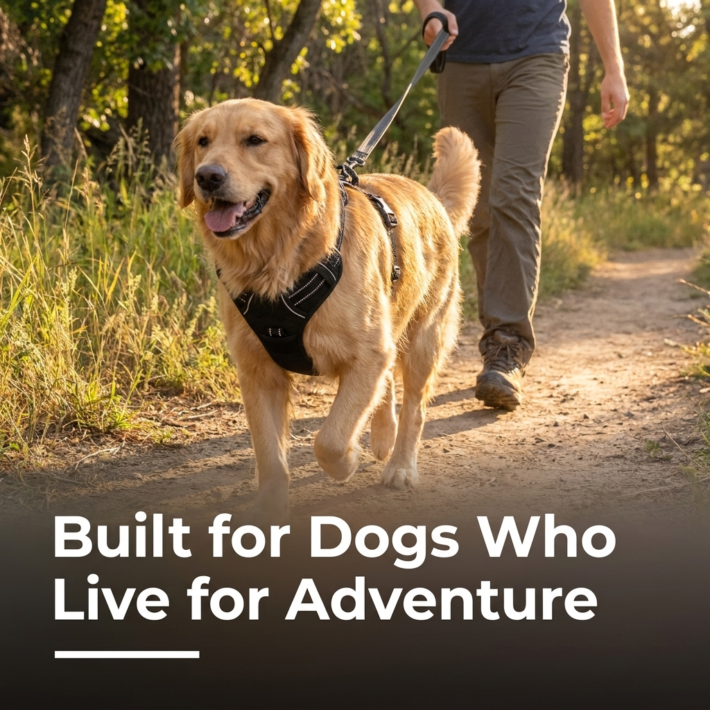 A golden retriever wearing a black vest harness walks along a wooded trail with its owner.