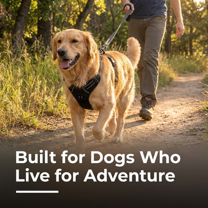 A golden retriever wearing a black vest harness walks along a wooded trail with its owner.