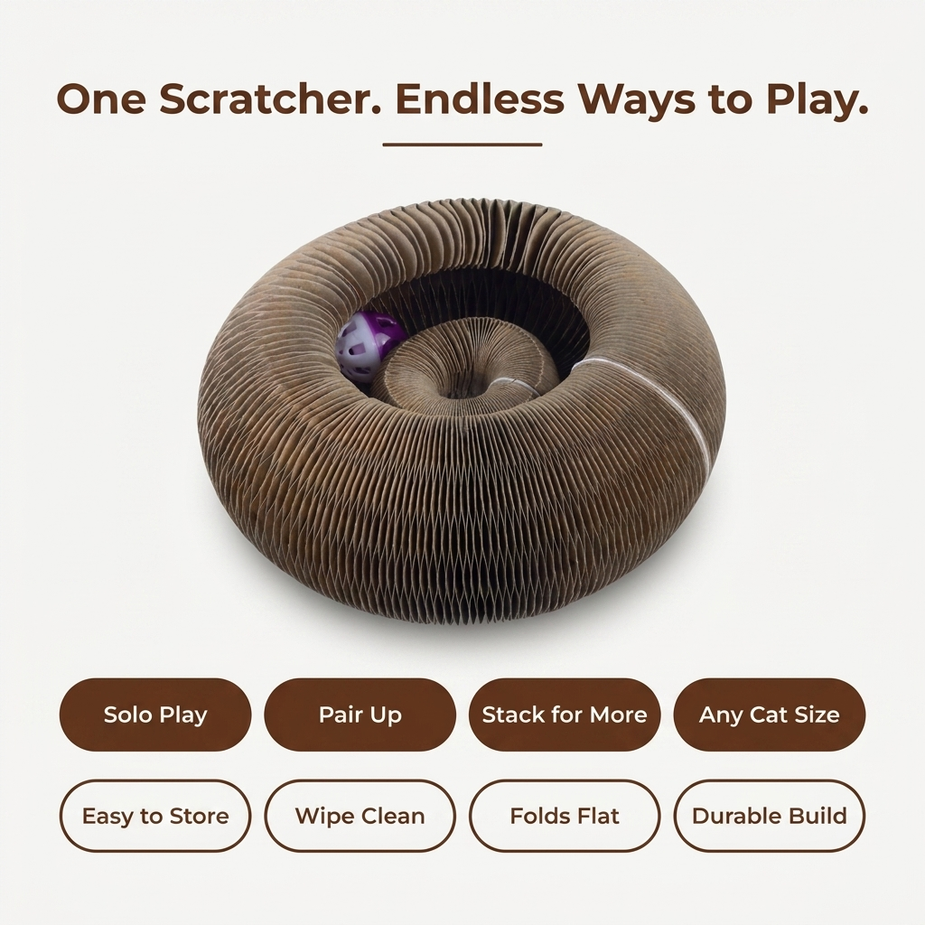 Corrugated cat scratcher bed shown at an angle with text reading One Scratcher Endless Ways to Play.