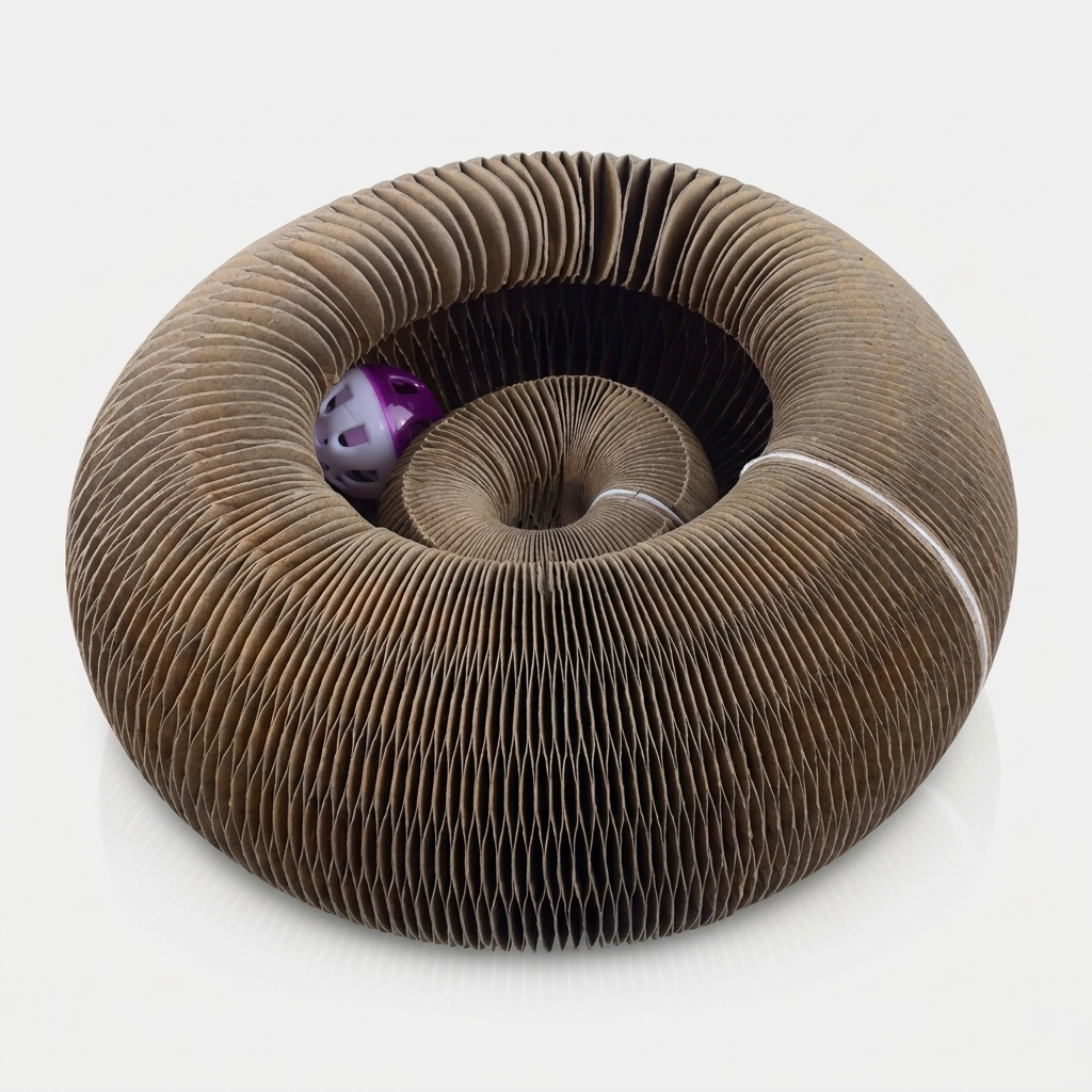 Foldable corrugated cardboard cat scratcher bed shown from above on a white background.