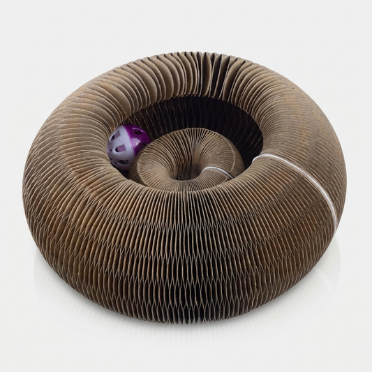 Foldable corrugated cardboard cat scratcher bed shown from above on a white background.