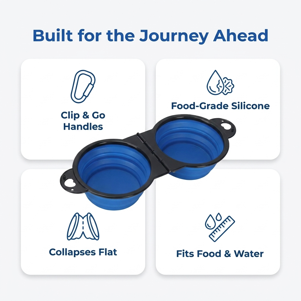 An infographic highlights clip and go handles, food grade silicone, collapses flat, and fits food and water.