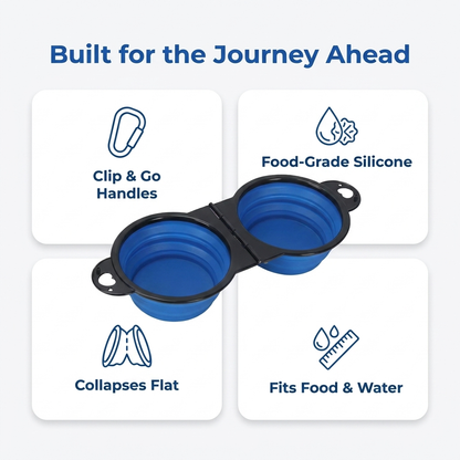 An infographic highlights clip and go handles, food grade silicone, collapses flat, and fits food and water.