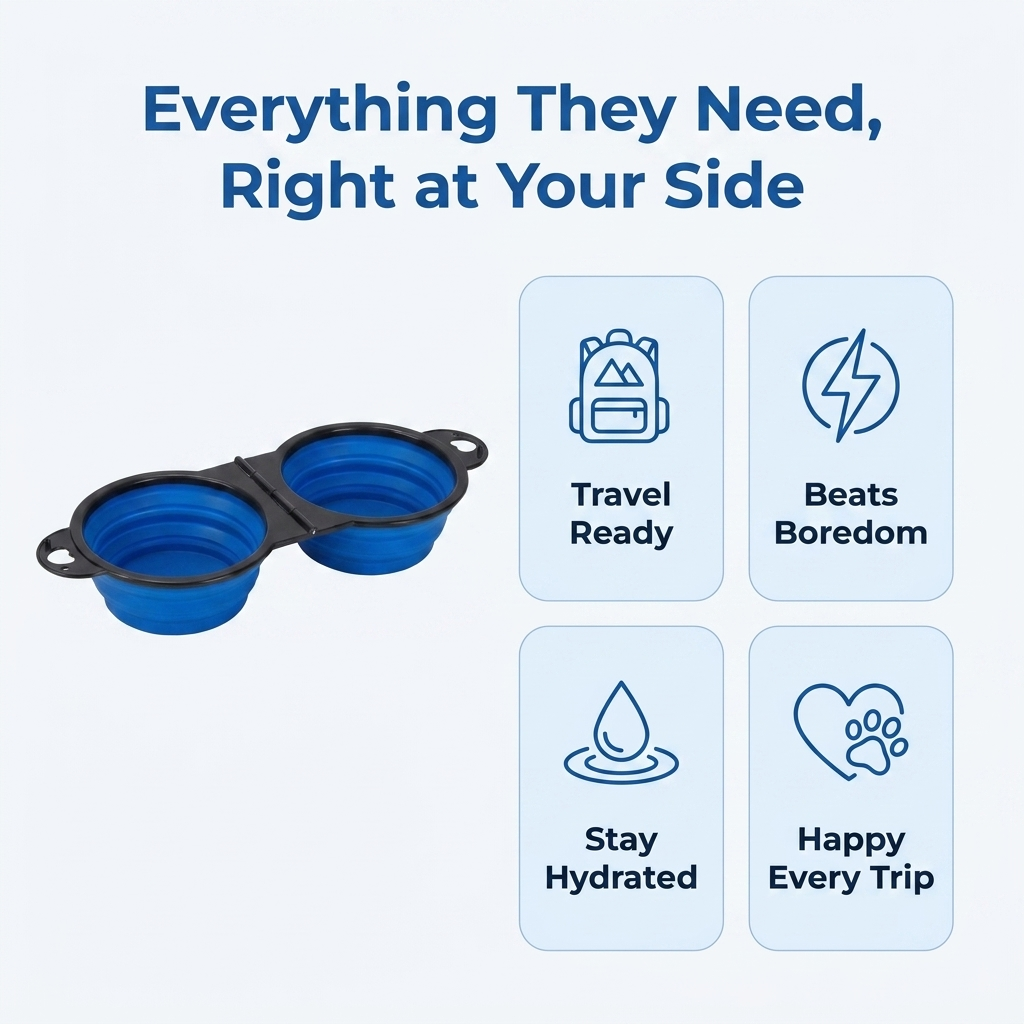 An infographic lists benefits including travel ready, beats boredom, stays hydrated, and keeps them happy.