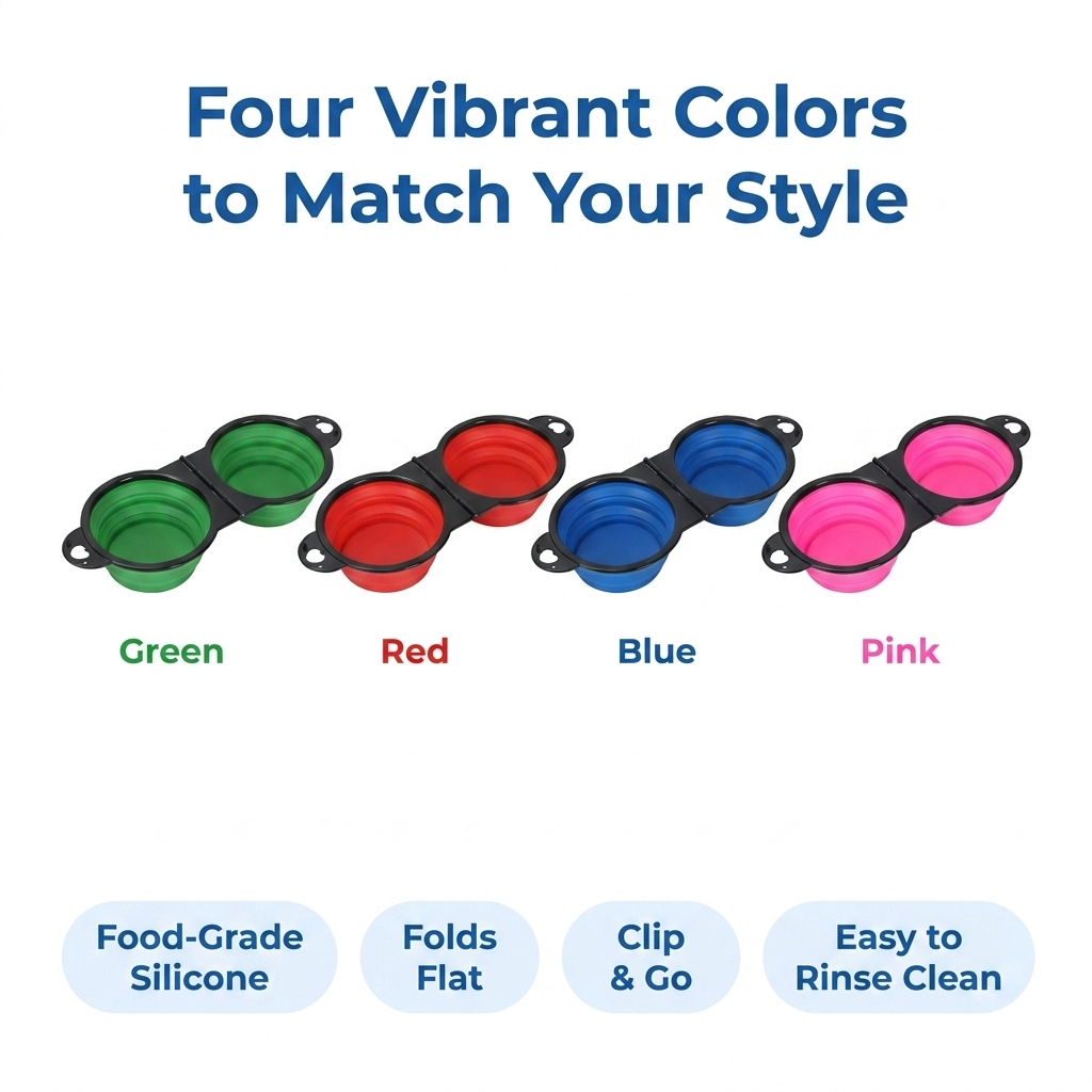 An infographic displays the foldable dual bowl available in green, red, blue, and pink.