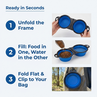 A step by step infographic shows unfolding the frame to set up the bowl in seconds.