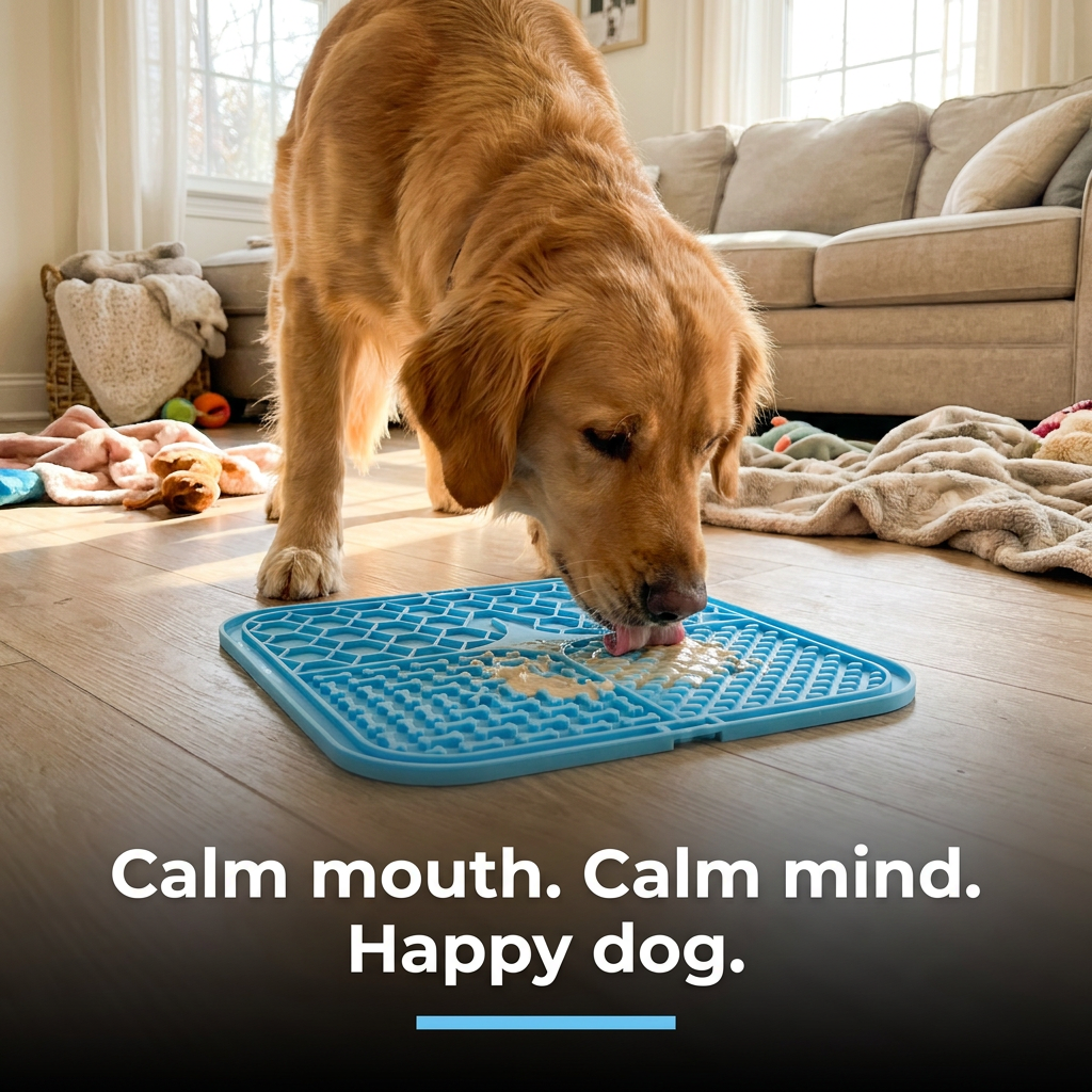 Golden retriever licking spread treat off a blue silicone lick mat on a living room floor, with the caption Calm mouth. Calm mind. Happy dog.