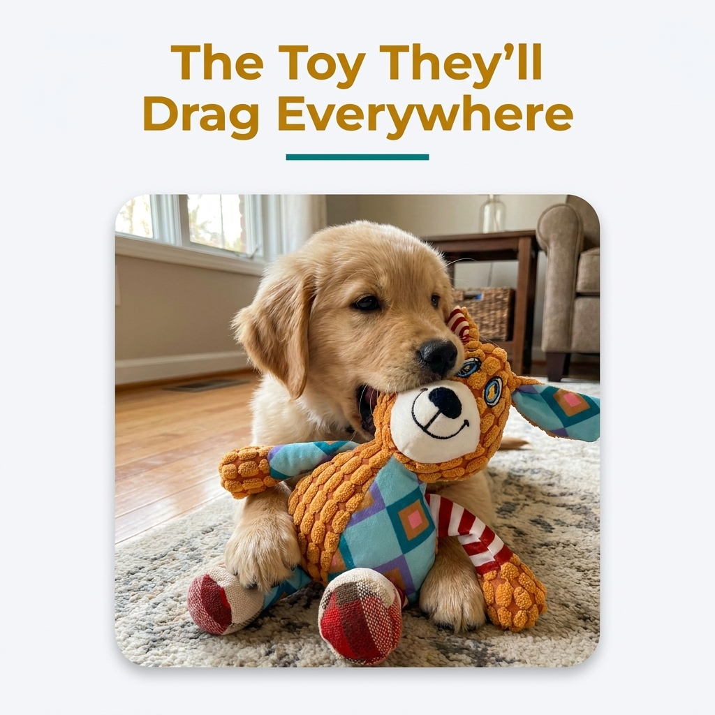 Golden retriever playing tug-of-war with an orange plush dog-design toy indoors.
