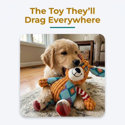 Golden retriever playing tug-of-war with an orange plush dog-design toy indoors.