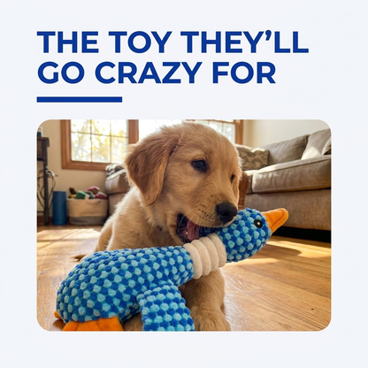 Golden retriever puppy chewing on a blue checkered plush duck dog toy.