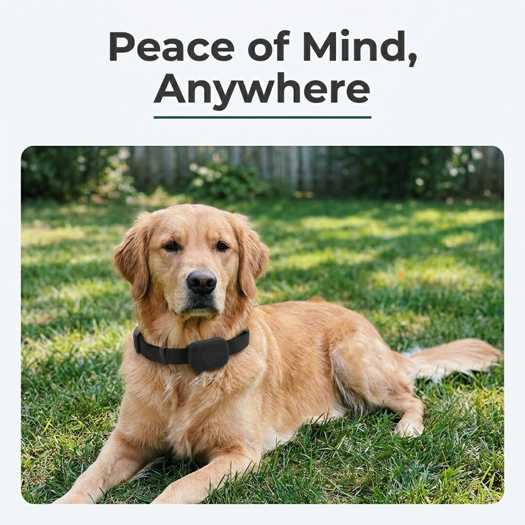 Dog wearing GPS tracker collar in backyard, peace of mind anywhere