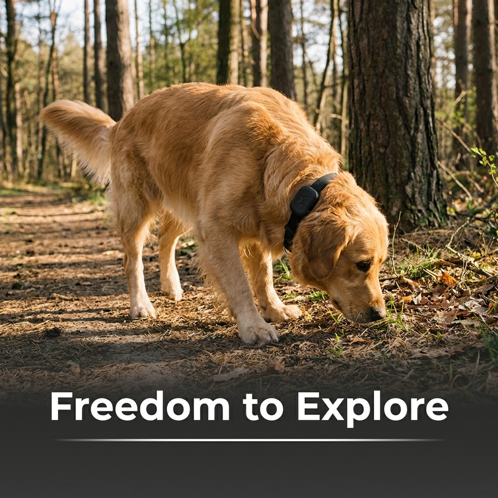 Dog exploring the woods wearing GPS tracker collar, freedom to explore