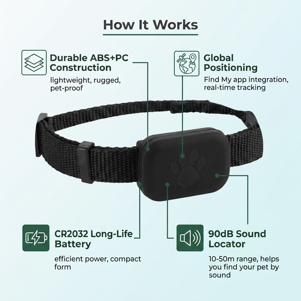 How the GPS pet tracker works: durable construction, global positioning, long battery, sound locator