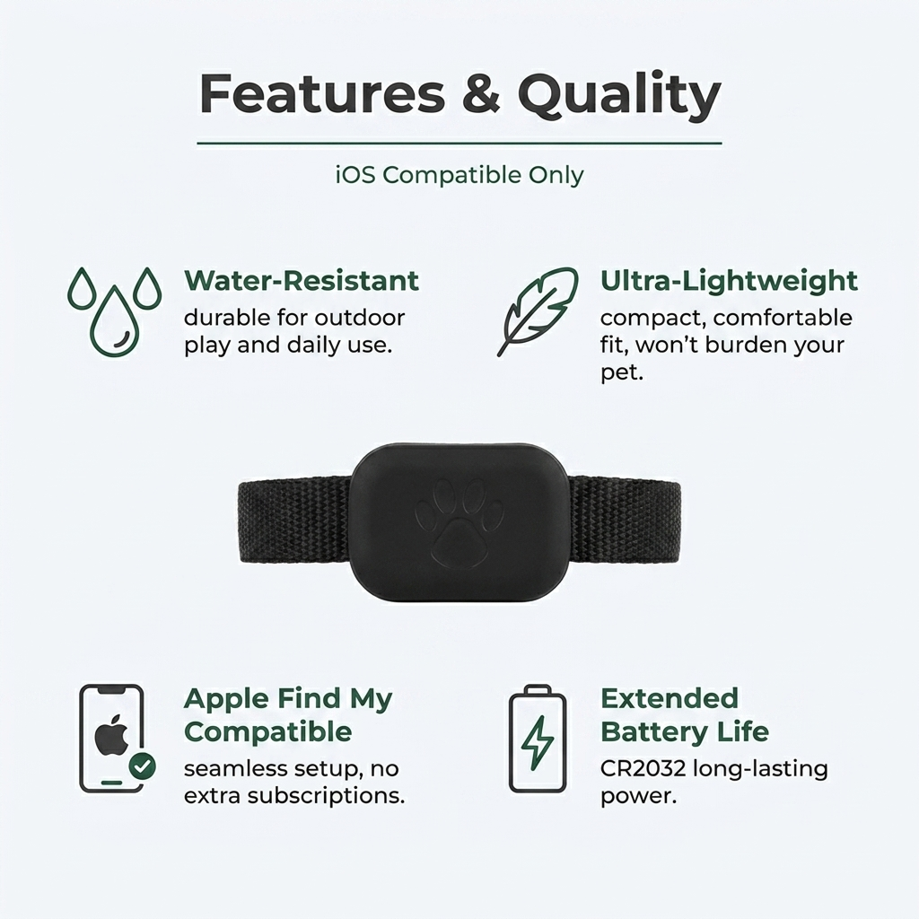 GPS tracker features and quality: water-resistant, ultra-lightweight, Apple Find My compatible, long battery life