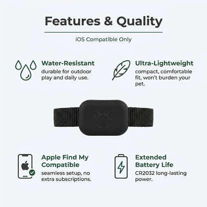 GPS tracker features and quality: water-resistant, ultra-lightweight, Apple Find My compatible, long battery life