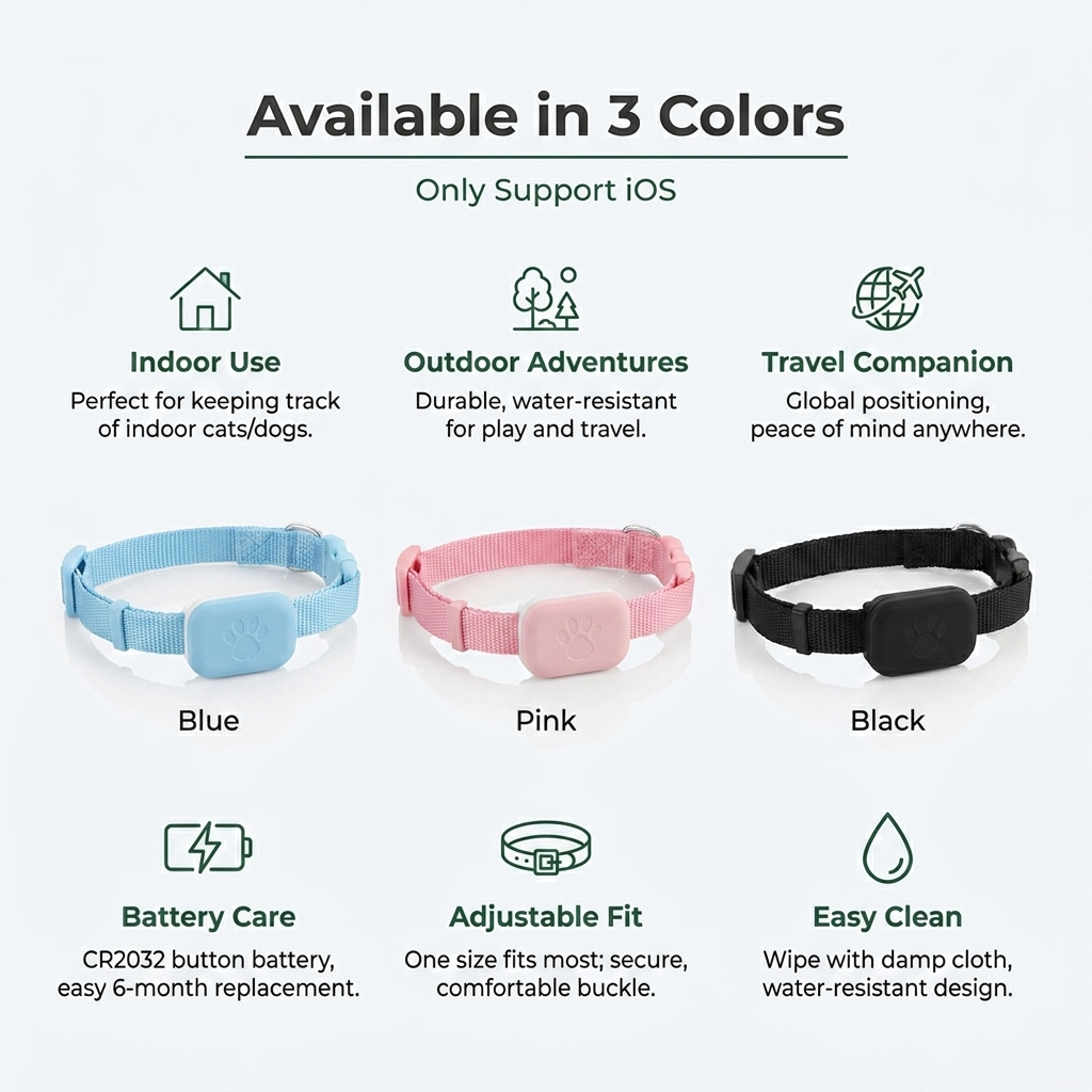 GPS pet tracker collar available in 3 colors: Blue, Pink, Black