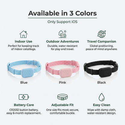 GPS pet tracker collar available in 3 colors: Blue, Pink, Black