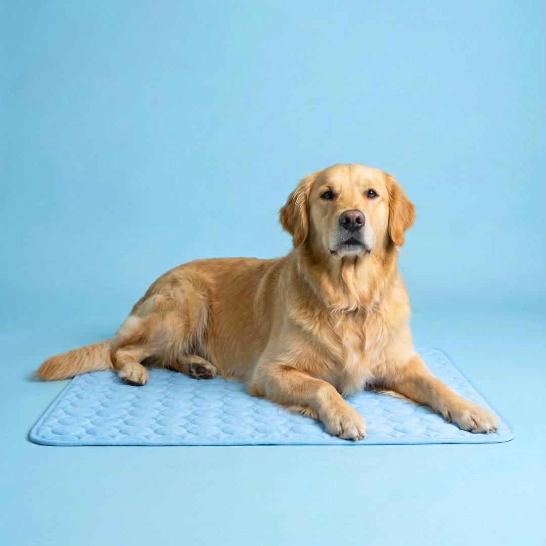 Golden retriever lying on a light blue quilted ice silk cooling mat against a blue background