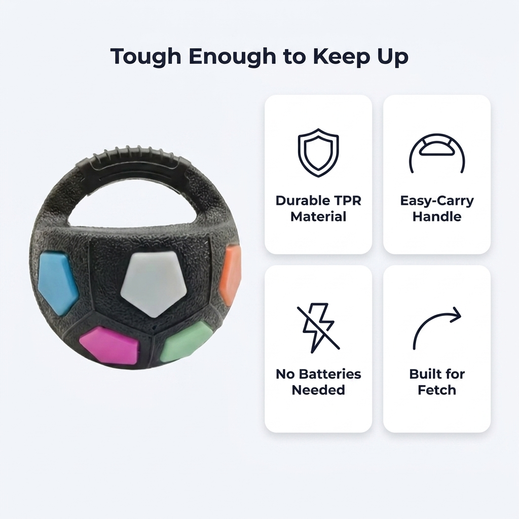 Infographic highlighting durable TPR material, easy-carry handle, no batteries needed, and built for fetch