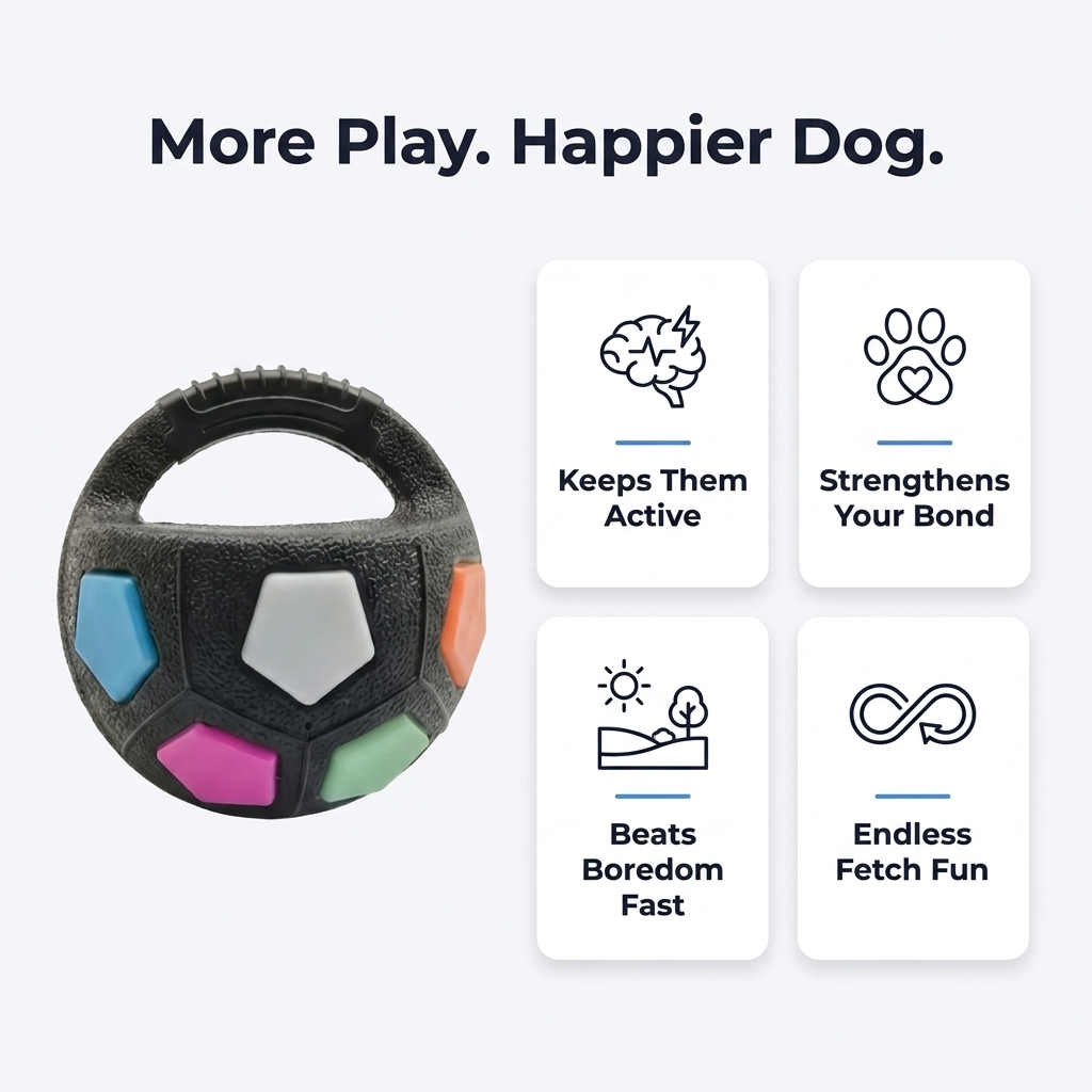 Infographic More Play Happier Dog showing feature icons for mental stimulation and bonding