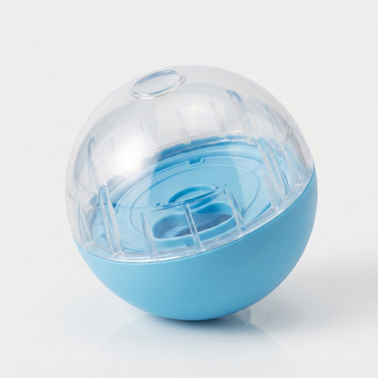 Blue interactive treat dispenser ball for dogs with a clear dome top and slow feeder base, shown on a plain white background.