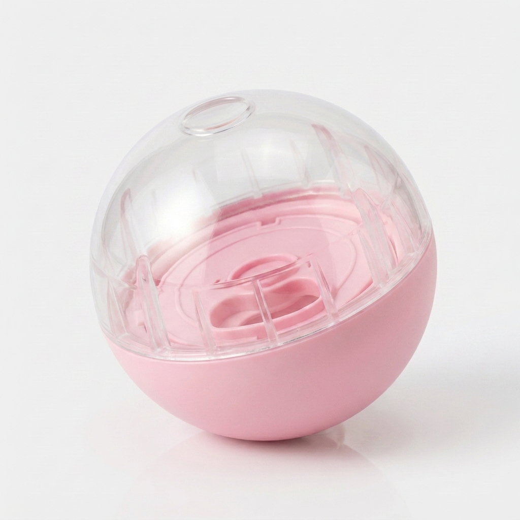 Pink interactive treat dispenser ball for dogs with a clear dome top and slow feeder base, shown on a plain white background.