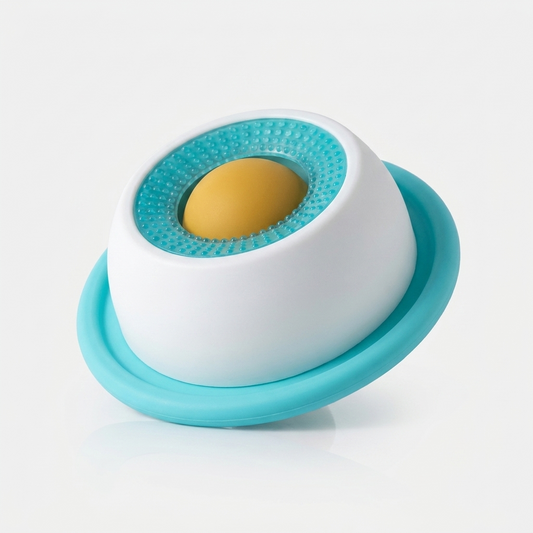 Blue and white interactive slow feeder dog toy with a textured lick surface and yellow center food dispenser, shown on a plain white background.