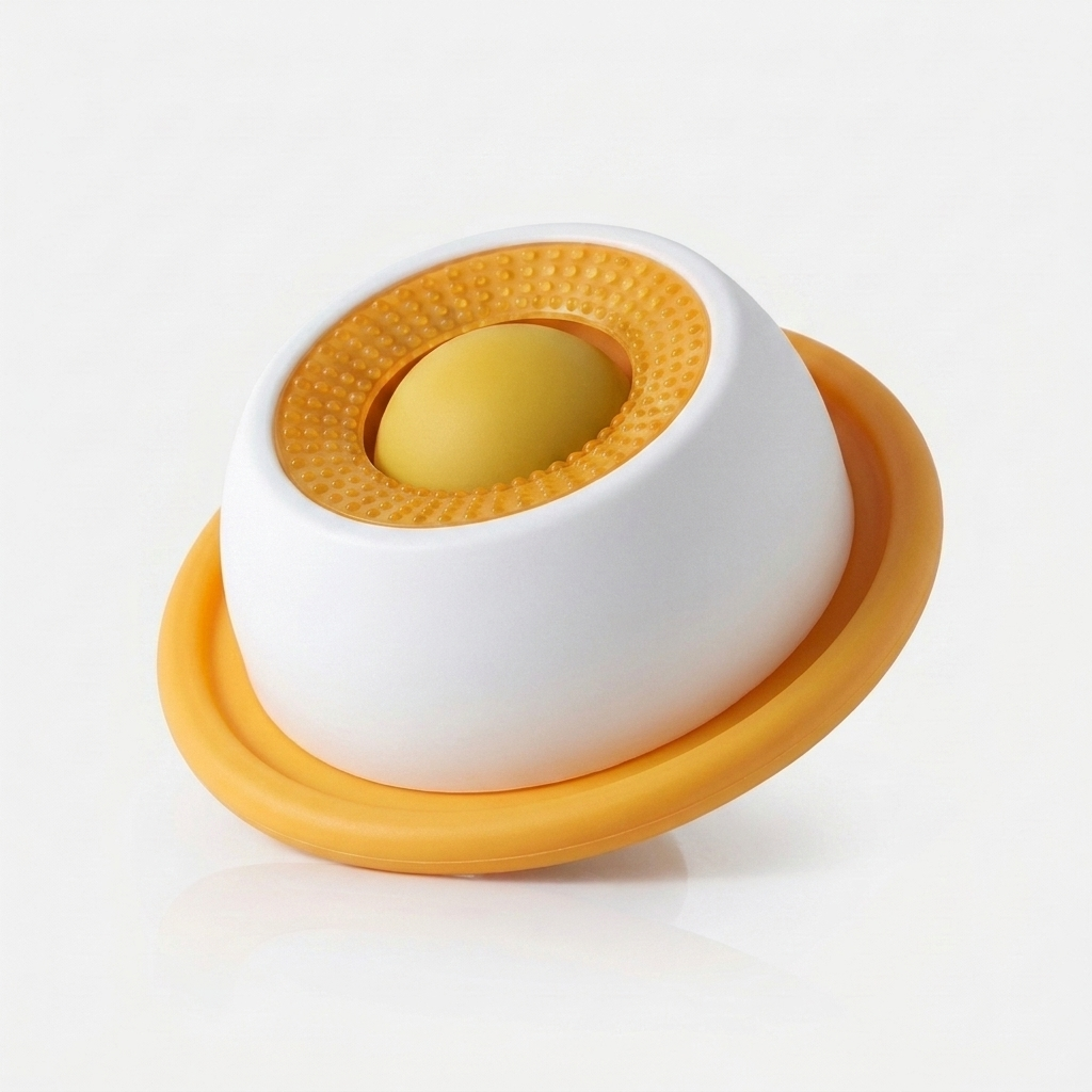 Orange and white interactive slow feeder dog toy with a textured lick surface and food dispenser dome, shown on a plain white background.