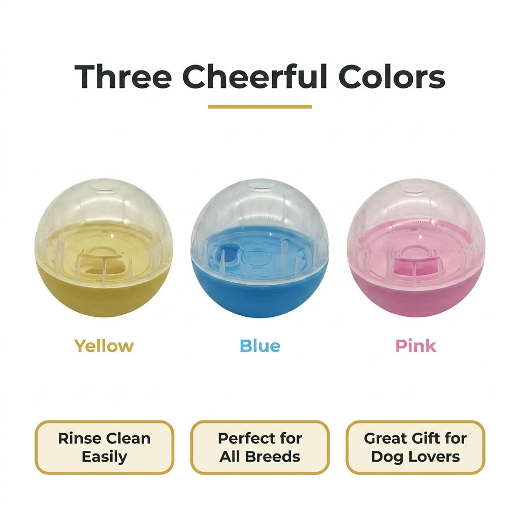 Colour options infographic titled Three Cheerful Colors, showing the treat dispenser ball in yellow, blue, and pink with labels and feature tags.