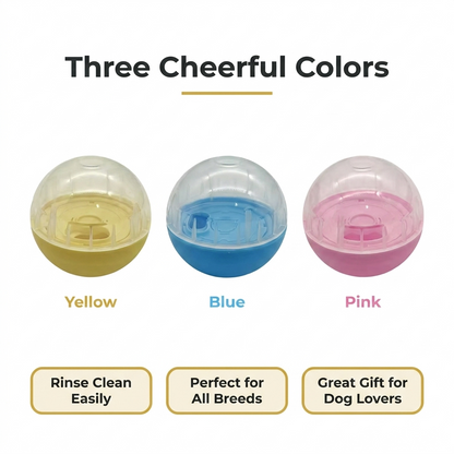 Colour options infographic titled Three Cheerful Colors, showing the treat dispenser ball in yellow, blue, and pink with labels and feature tags.