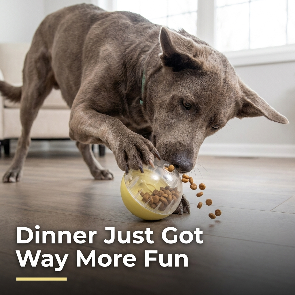 Lifestyle infographic titled Dinner Just Got Way More Fun, showing a grey dog pawing the treat dispenser ball as kibble rolls out onto the floor.