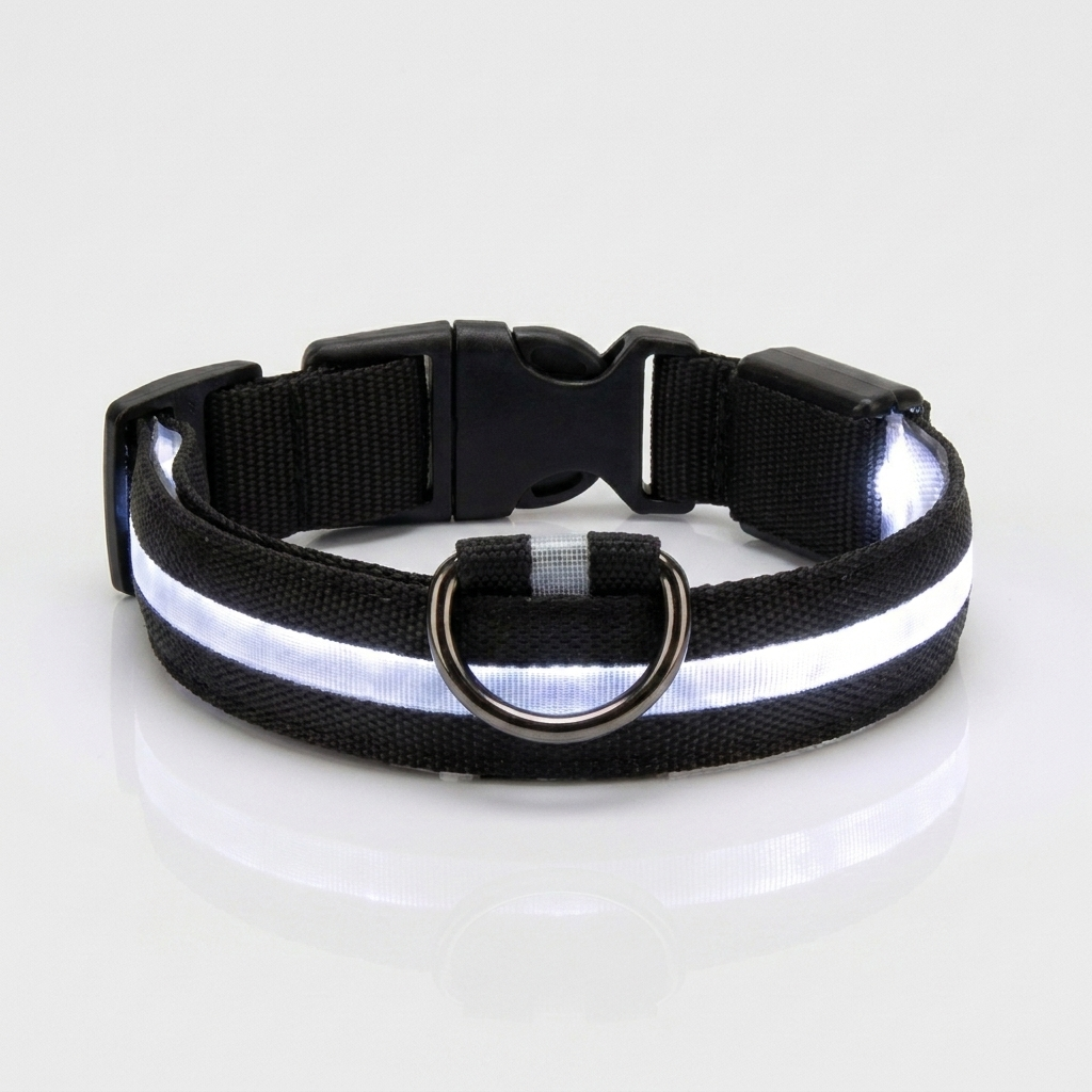 Black light-up nylon dog collar with a bright white glowing LED strip, shown against a plain grey studio background with a metal D-ring and quick-release buckle.