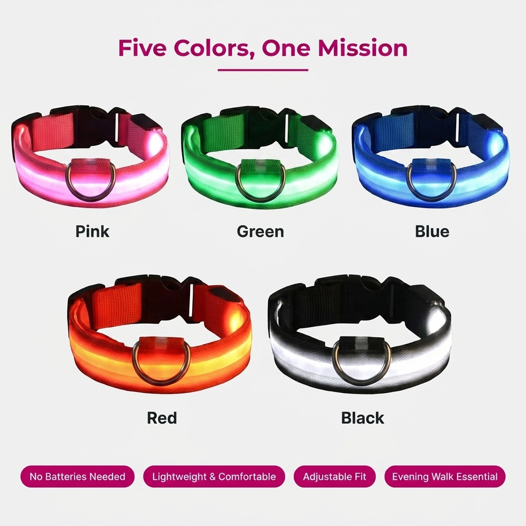 Color options chart titled Five Colors, One Mission displaying glowing LED dog collars in pink, green, blue, red, and black, with tags reading No Batteries Needed, Lightweight & Comfortable, Adjustable Fit, and Evening Walk Essential.