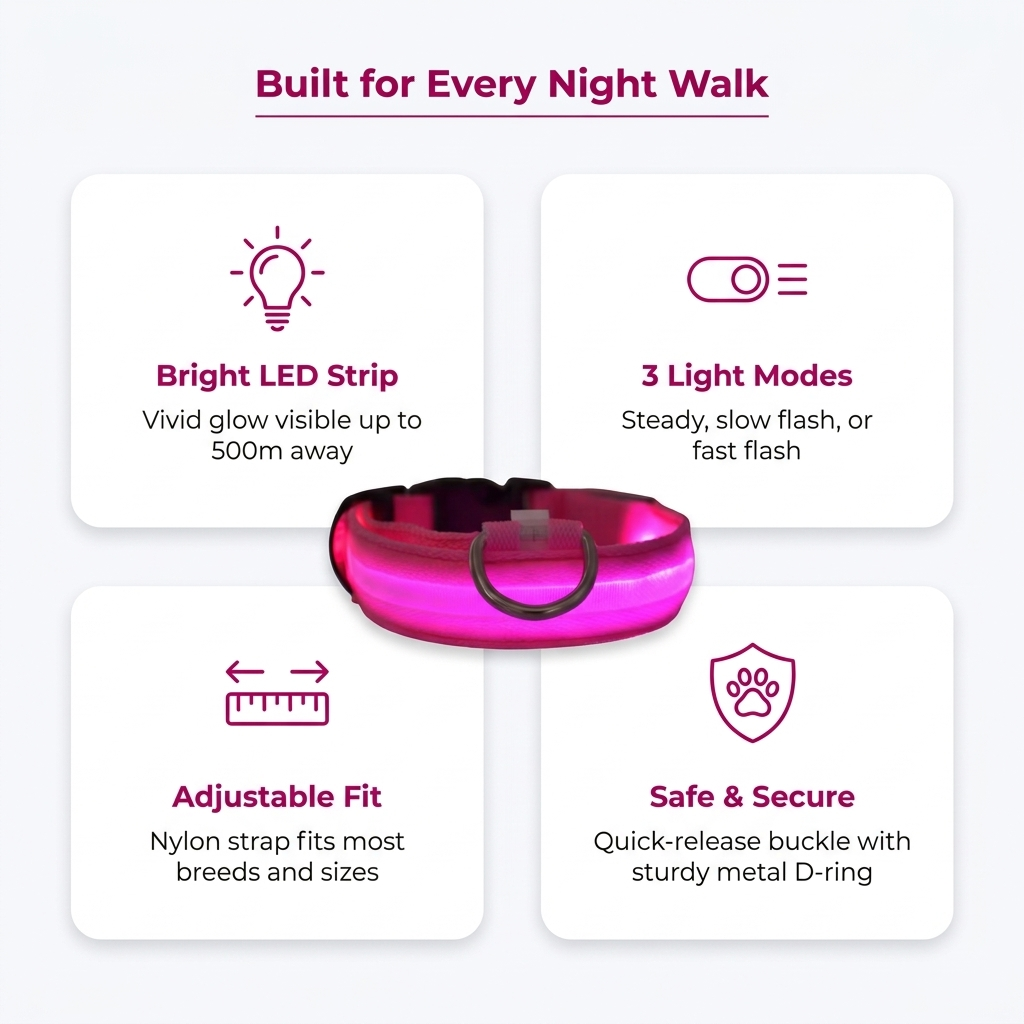 Feature infographic titled Built for Every Night Walk showing a glowing pink LED dog collar with callouts for Bright LED Strip, 3 Light Modes, Adjustable Fit, and Safe & Secure buckle with metal D-ring.