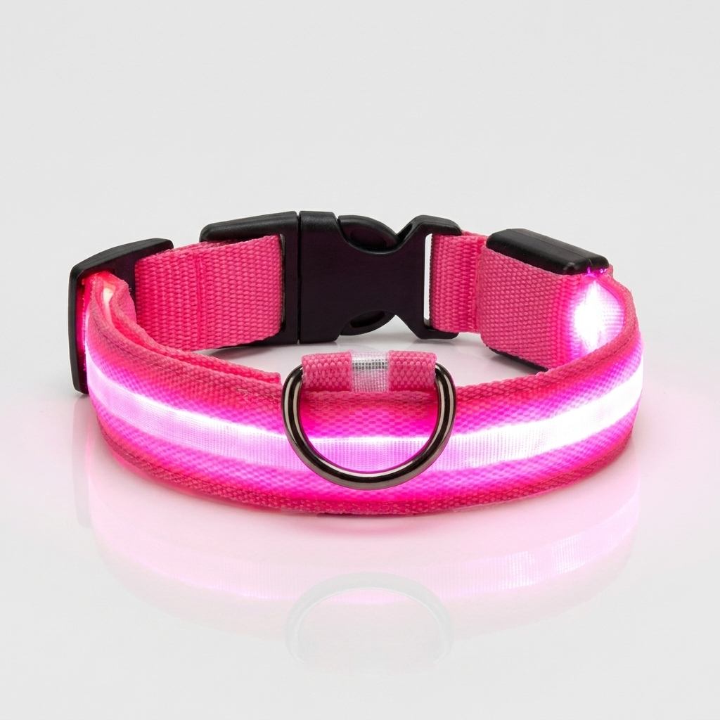 Pink light-up nylon dog collar glowing with an illuminated LED strip, shown against a plain grey studio background with a metal D-ring and quick-release buckle.