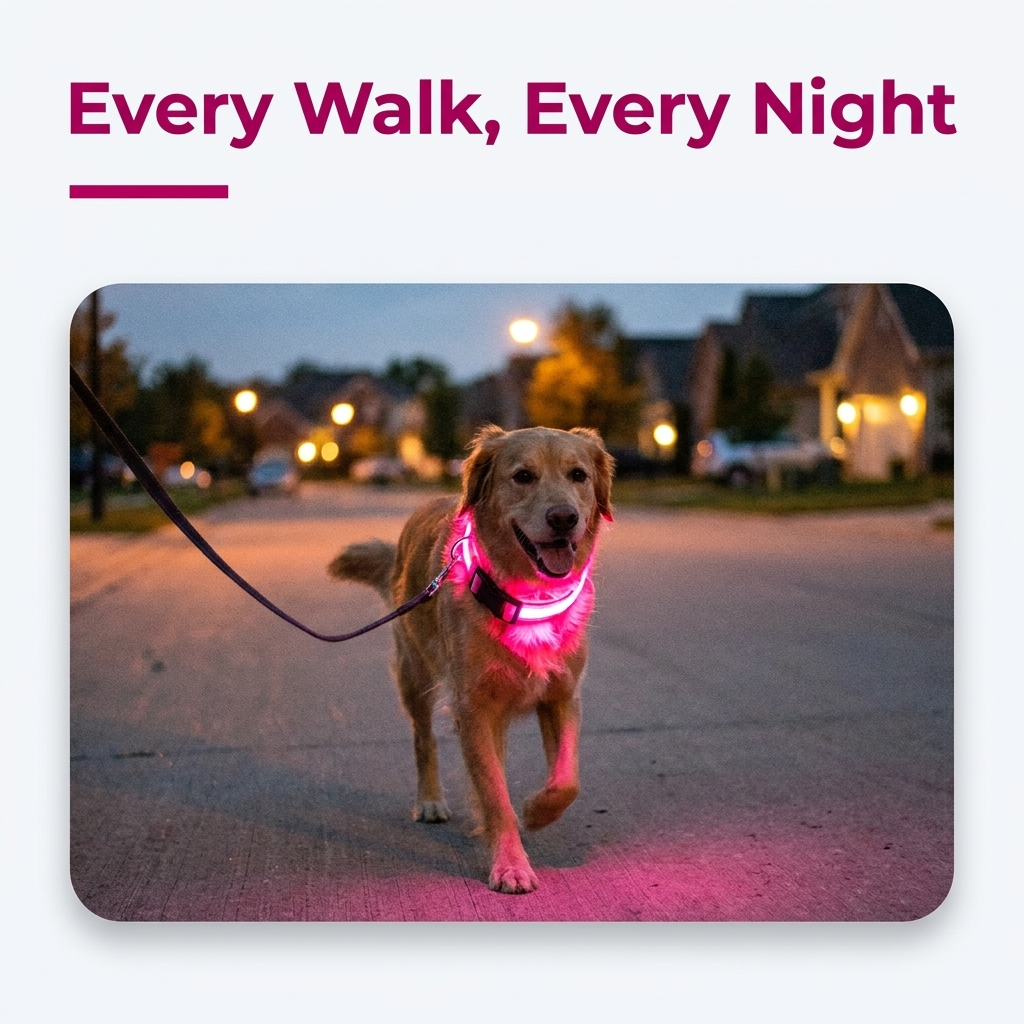 Golden retriever walking on a leash down a neighborhood street at dusk wearing a glowing pink LED collar, with the heading Every Walk, Every Night.