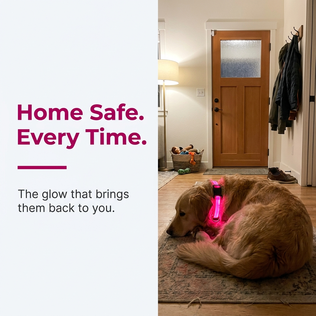 Golden retriever resting on a rug by the front door indoors while wearing a glowing pink LED collar, with the caption Home Safe. Every Time. - The glow that brings them back to you.