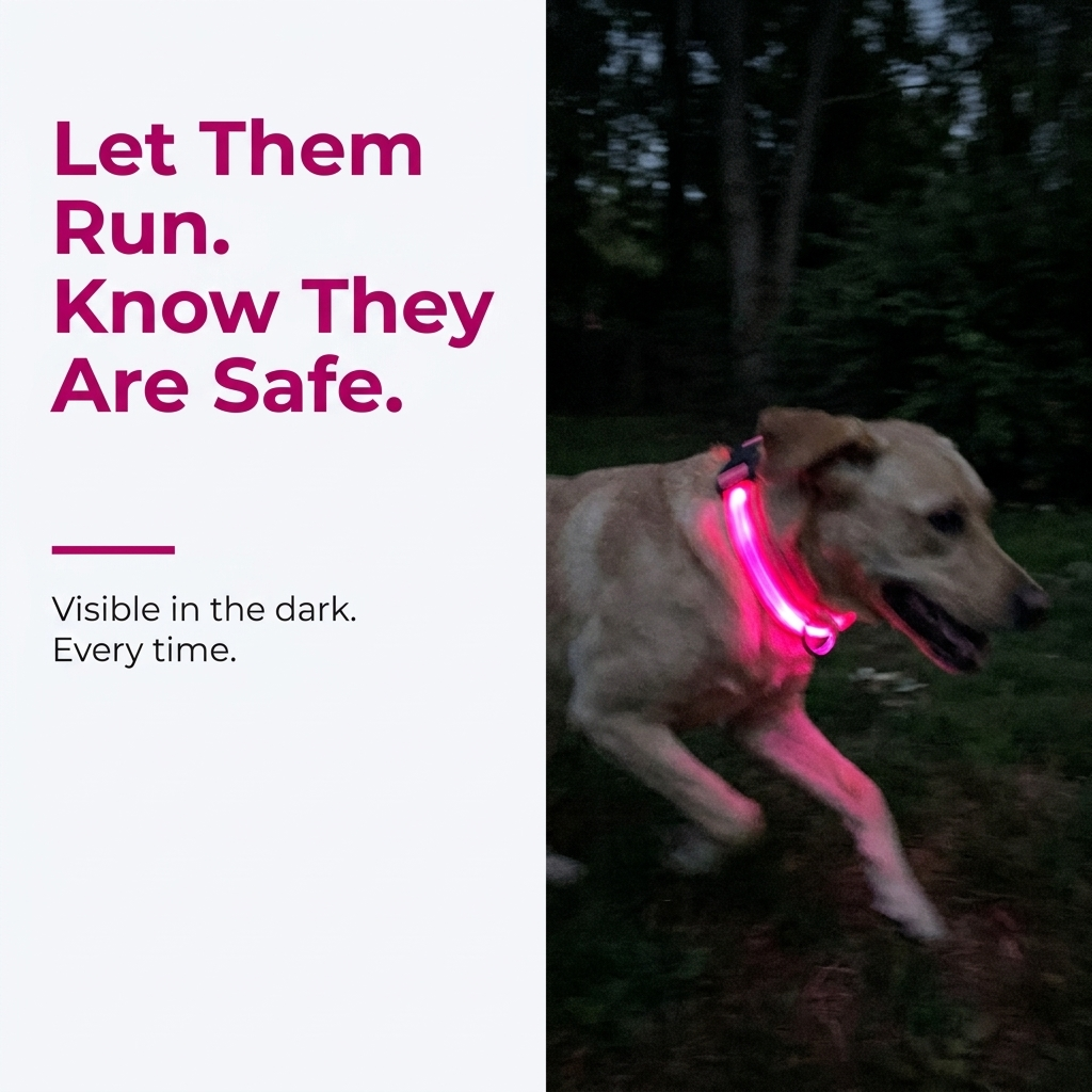 Labrador running through dark woods at night wearing a glowing pink LED collar, alongside the caption Let Them Run. Know They Are Safe. - Visible in the dark. Every time.