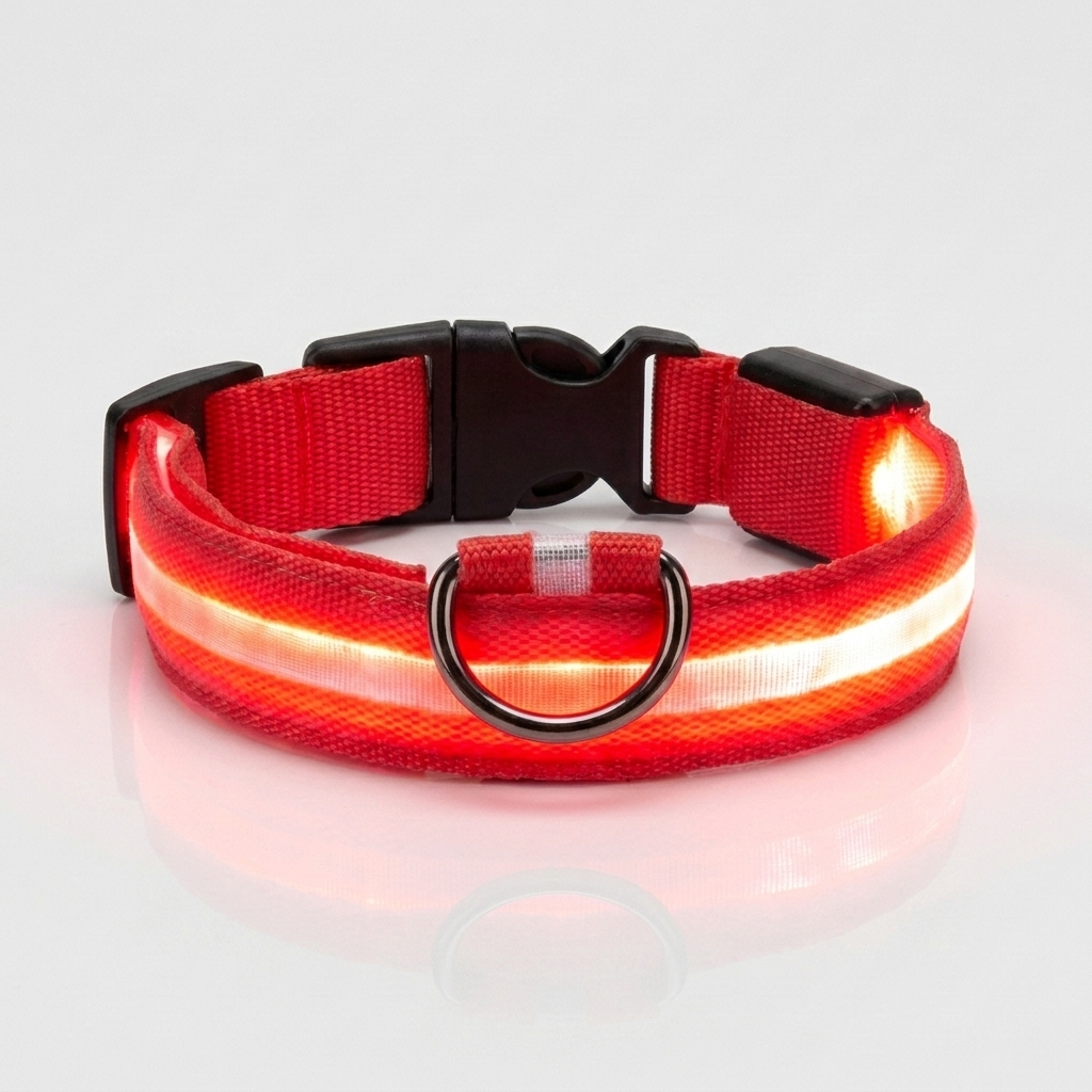 Red light-up nylon dog collar glowing with an illuminated LED strip, shown against a plain grey studio background with a metal D-ring and quick-release buckle.