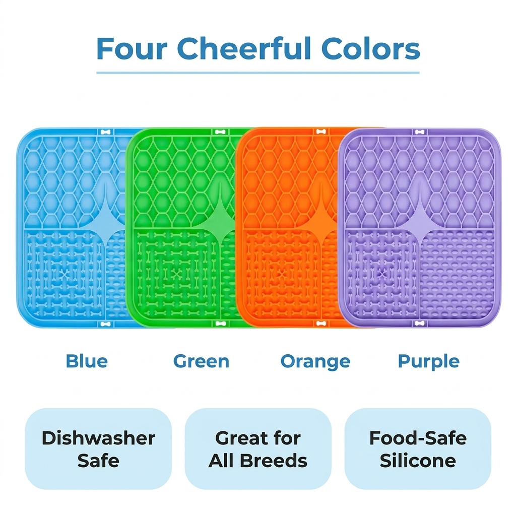Four Cheerful Colors graphic showing the silicone lick mat in blue, green, orange, and purple with badges for dishwasher safe, great for all breeds, and food-safe silicone.