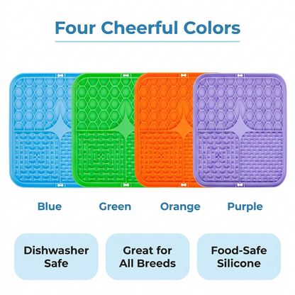 Four Cheerful Colors graphic showing the silicone lick mat in blue, green, orange, and purple with badges for dishwasher safe, great for all breeds, and food-safe silicone.
