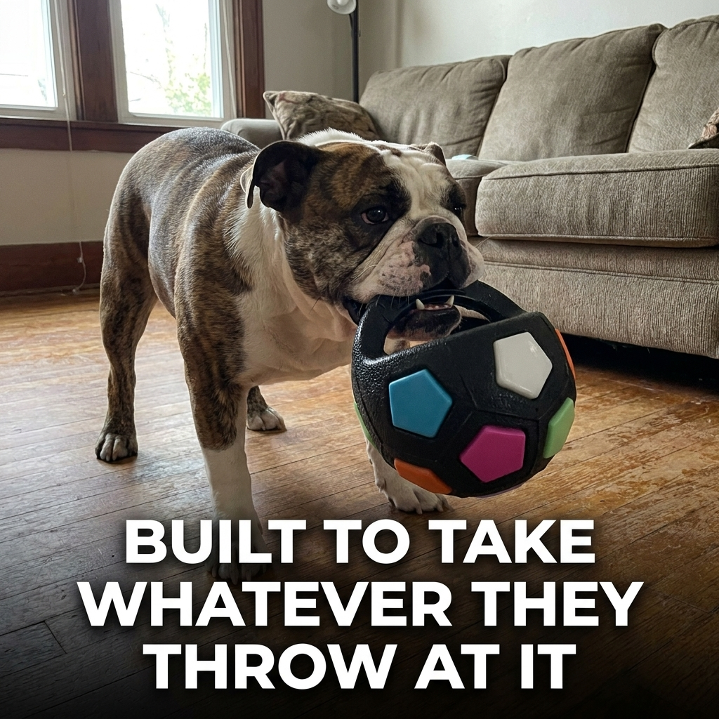 Dog holding the Black Rainbow Soccer Ball Pet Vocal Toy in its mouth indoors