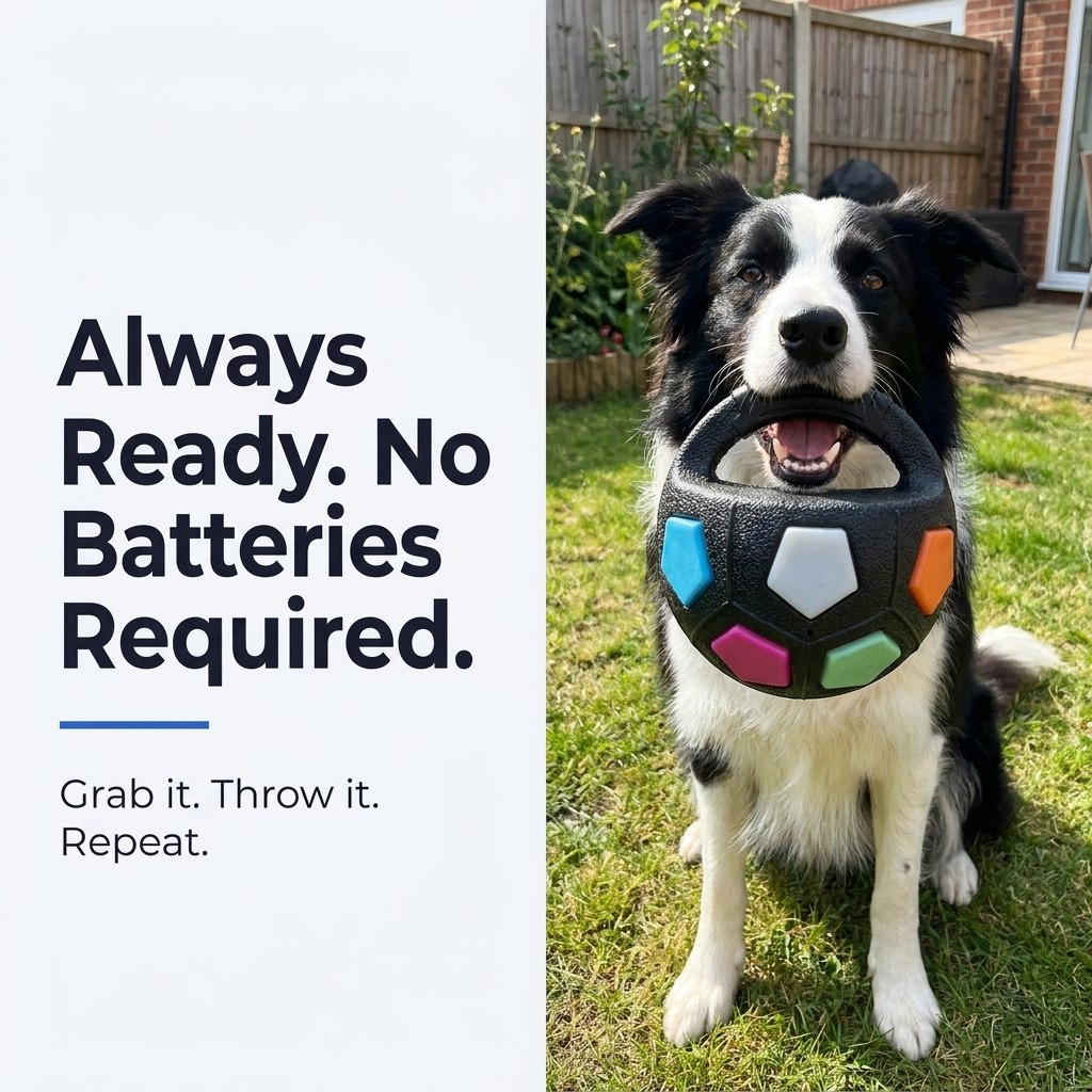Dog sitting outdoors with the Black Rainbow Soccer Ball Pet Vocal Toy, always ready no batteries required