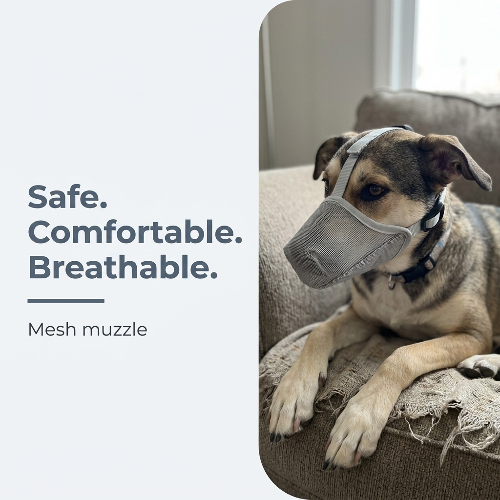 Safe, comfortable, breathable mesh muzzle on dog resting on couch