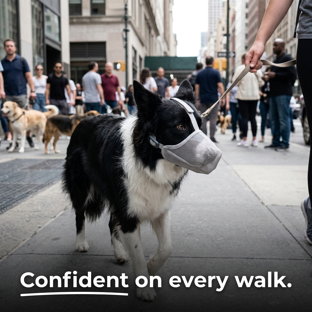 Dog wearing mesh muzzle confidently walking on a city street