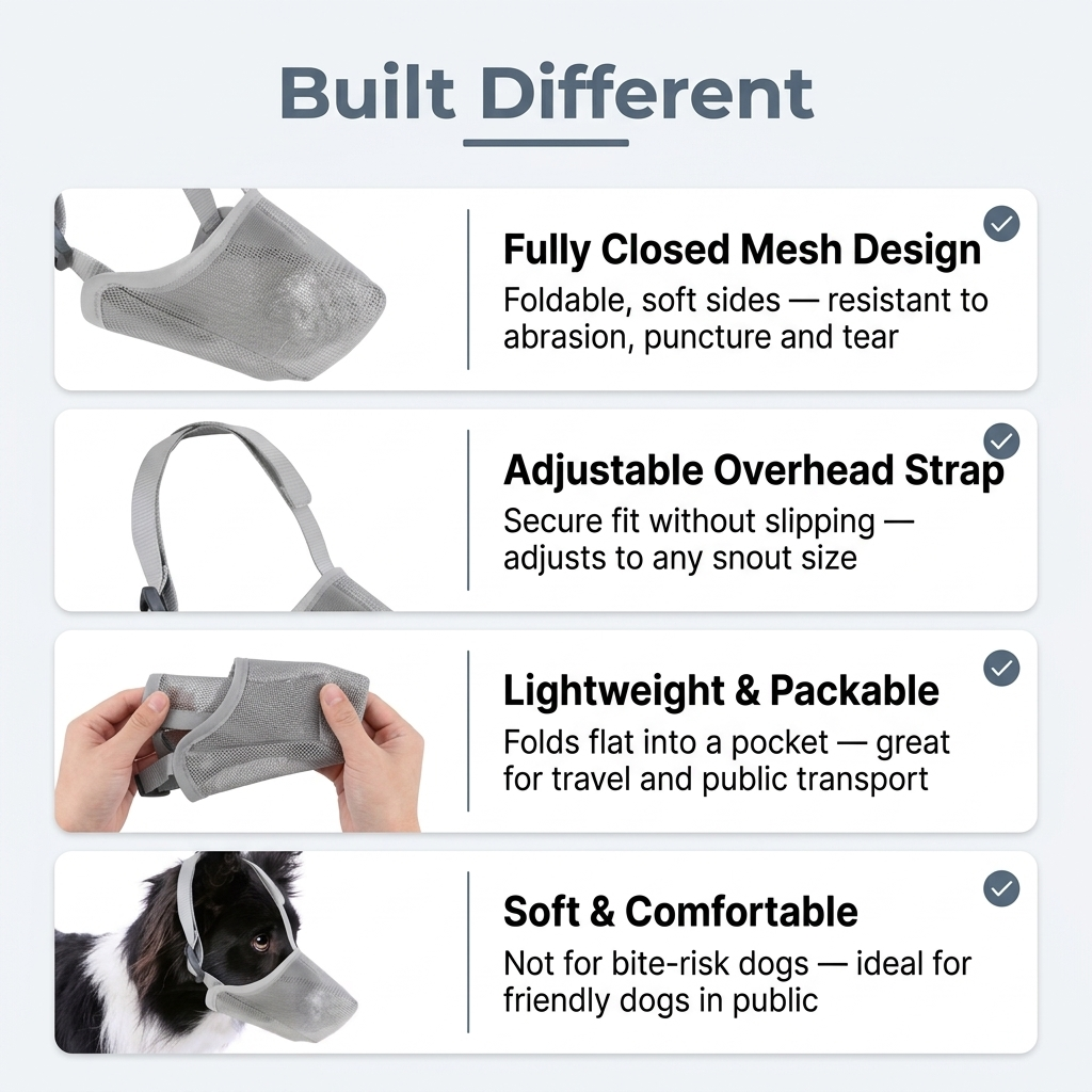 Mesh muzzle features: fully closed mesh, adjustable strap, lightweight, soft and comfortable