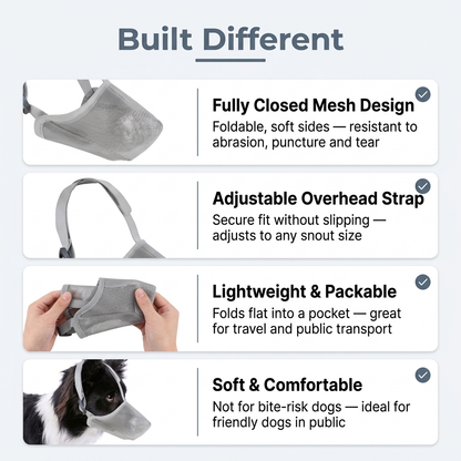 Mesh muzzle features: fully closed mesh, adjustable strap, lightweight, soft and comfortable